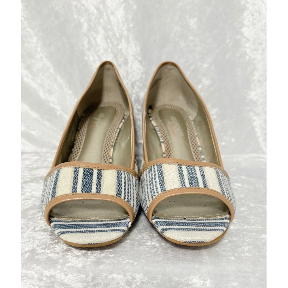 Easy Spirit Brigette Size-8W Blue White Striped Espadrille Wedge Peep Toe Shoes